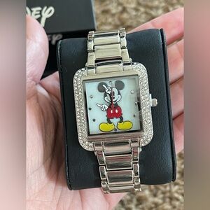 Disney Time Works Mickey Mouse Wrist Watch Square Face Silver Tone Rhinestones